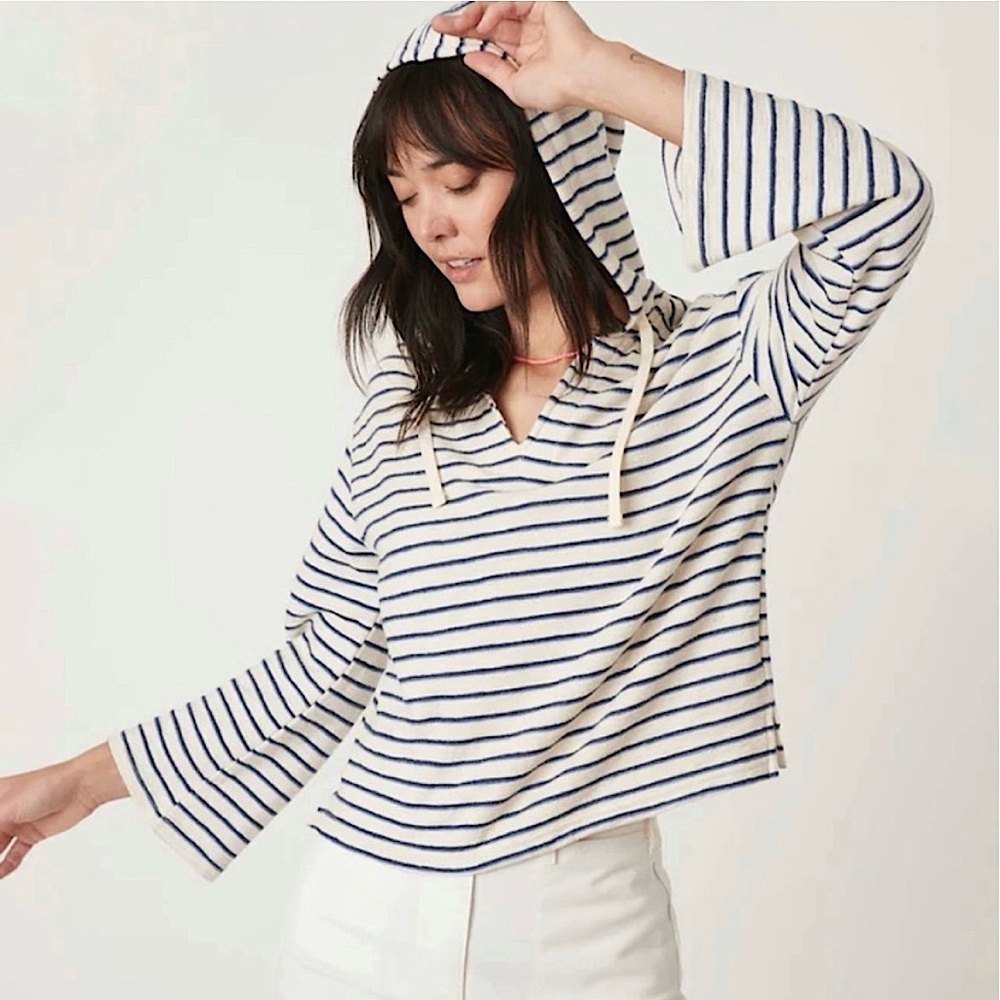 NWT MARINE LAYER Slubbed‎ Cotton Knit Striped V-neck Cropped Sweatshirt Hoodie M